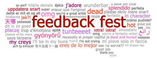 Feedback Fest speech bubble with multilanguage feedback phrases