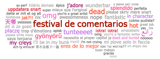 Anuncio del Festival de Comentarios para el Día Internacional de las Obras de Fans que contiene frases en varios idiomas usadas cuando las obras reciben comentarios positivos