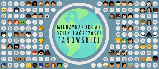 Obchody Międzynarodowego Dnia Twórczości Fanowskiej, z fandomowymi emoji i symbolami prac fanowskich dookoła świata