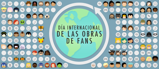Celebración del Día Internacional de las Obras de Fans, presentando emojis temáticos de fandom y representaciones de obras de fan alrededor del mundo