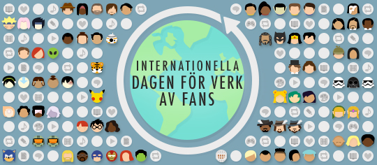 Firande av Internationella dagen för verk av fans; bilden visar emojis med fandomtema och representationer av verk av fans världen över