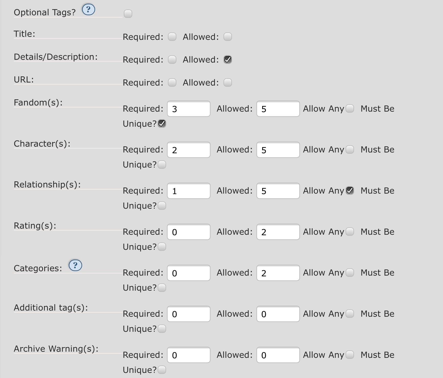 Screenshot: example selection of tag settings, the details of which are explained in the following section.