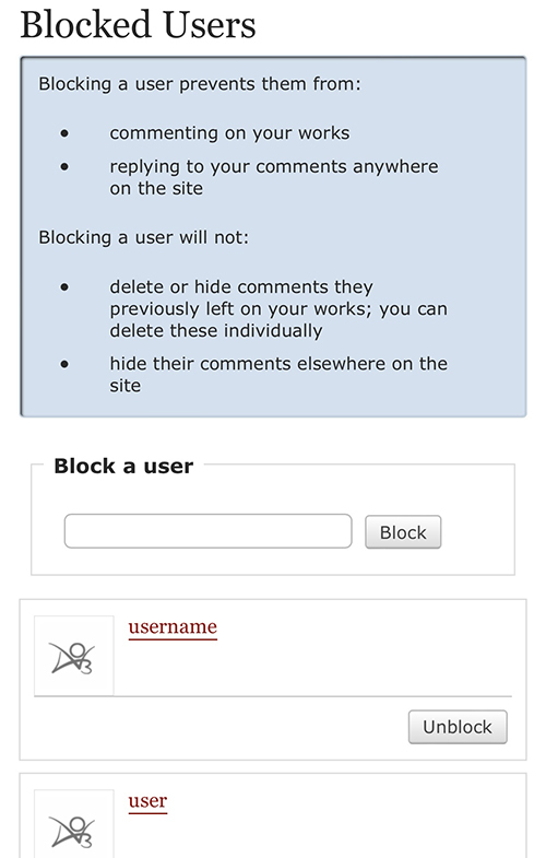 The Blocked Users page describes what blocking does and allows you to block additional users via a small form. It also lists users you have blocked and provides an option to unblock them.