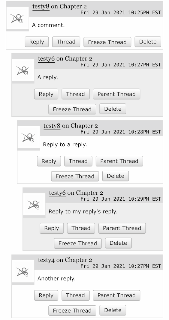 تعليق ذو ردود. لدى كل تعليق زر Freeze Thread.