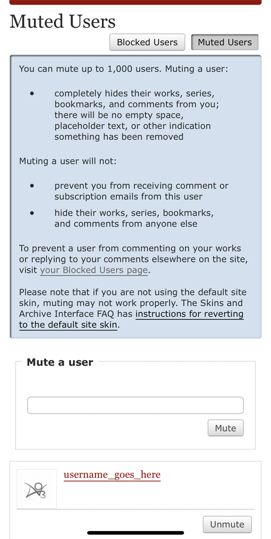 The Muted Users page describes what muting does and allows you to mute additional users via a small form. It also lists users you have muted and provides an option to unmute them.