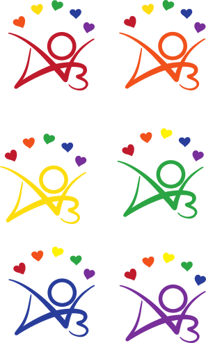 Seis stickers, cada uno con el logo del AO3 con cinco corazones de kudos en los colores del arcoiris sobre él. El logo se muestra en color rojo, naranja, amarillo, verde, azul y púrpura