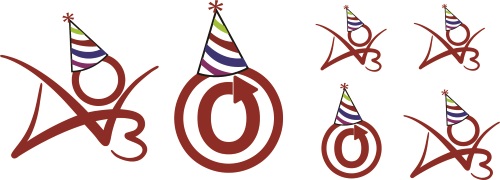 Sticker designs showing the AO3 and OTW logos wearing party hats