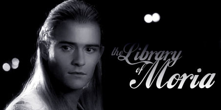 Library of Moria header, a black and white image of Legolas with the archive's title.