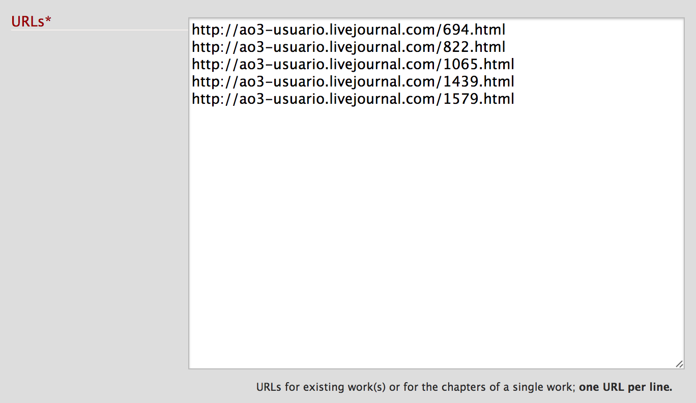 Example screenshot of URLs field filled in with five URLs, one URL per line